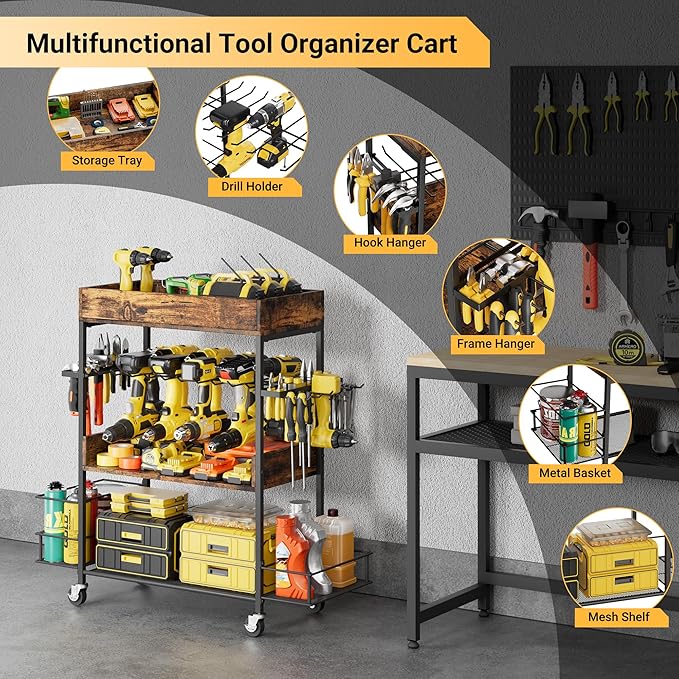 Dunatou Power Tool Organizer Cart Heavy Duty 4 Tier Rolling Tool Cart Garage Storage with Drill Rack Shelf Open Tool Chest Organizer with Wheels Workshop and Garage Ideas for Men or Dad (Rustic Brown)