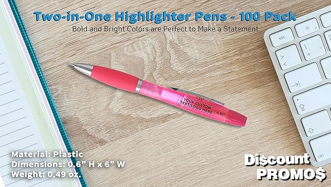 DISCOUNT PROMOS Personalized Two in one Highlighter Pens - 100 pack - Plastic Pens - Customizable Text, Logo - Pink
