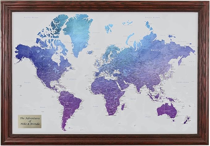 Personalized Vibrant Violet Watercolor World Travel Map with Solid Wood Cherry Red Frame
