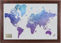 Personalized Vibrant Violet Watercolor World Travel Map with Solid Wood Cherry Red Frame
