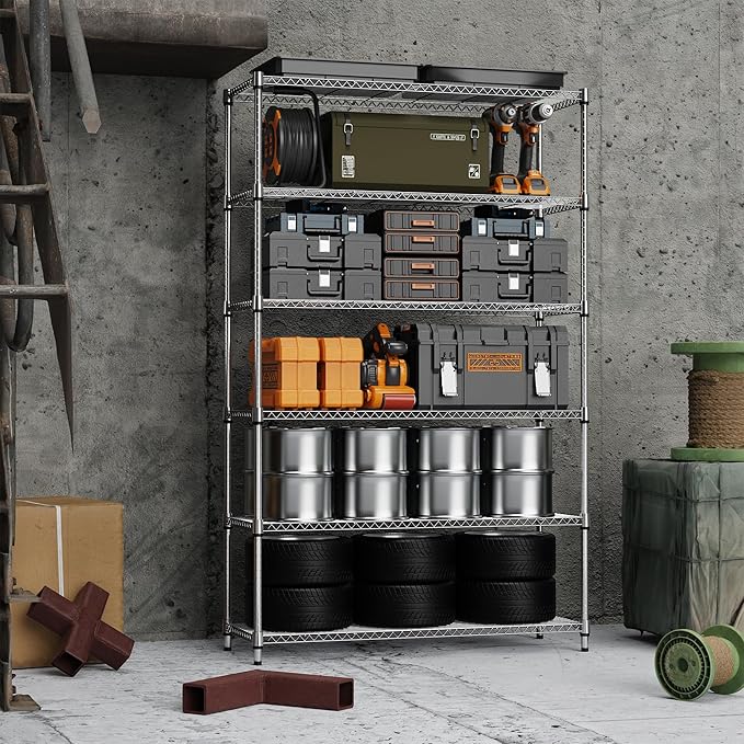 6 Tiers Storage Shelves Load 2100LBS, Metal Shelving Wire Metal Shelving Unit Shelves for Storage Adjustable Garage Shelving for Pantry Kitchen Garage Chrome 17.7" D x 47.3" W x 82.4" H