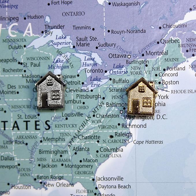 Big House Push Pins - Silver Metal Home Pins - for Cork Board, Maps, or Lapel Pin Use - Designed in USA - Set of 4