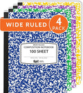 4 Pack EPI Wide Ruled Composition Notebook, Assorted Colors, Bulk, 200 pages (100 Sheets), 9-3/4 x 7-1/2, Marble, Bulk School Supplies, Hard Cover, Durable, Office Notebooks, Sturdy Sewn Binding