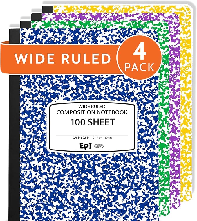 4 Pack EPI Wide Ruled Composition Notebook, Assorted Colors, Bulk, 200 pages (100 Sheets), 9-3/4 x 7-1/2, Marble, Bulk School Supplies, Hard Cover, Durable, Office Notebooks, Sturdy Sewn Binding