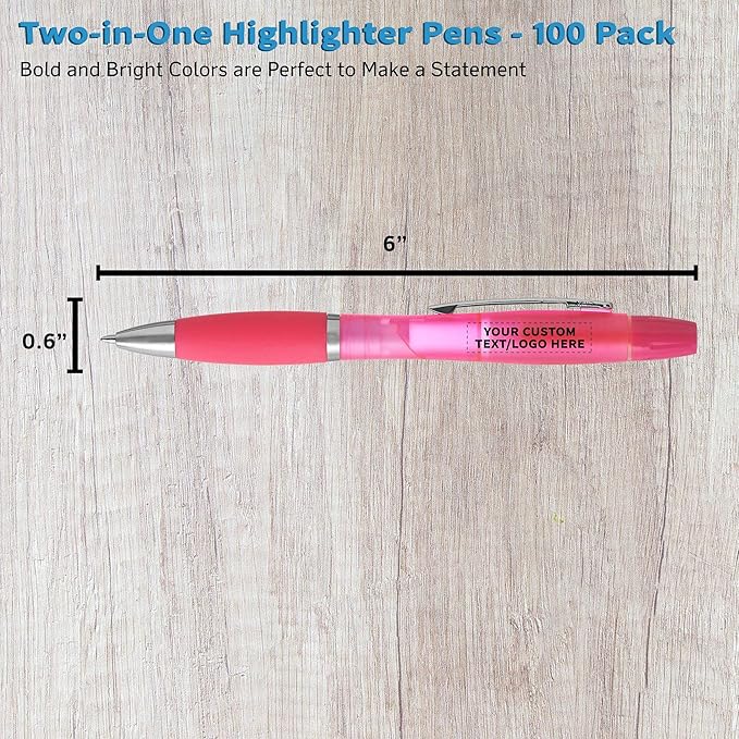 DISCOUNT PROMOS Personalized Two in one Highlighter Pens - 100 pack - Plastic Pens - Customizable Text, Logo - Pink