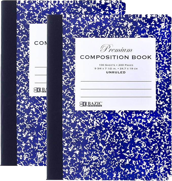BAZIC Products Composition Book Blue Marble Unruled Ruled 100 Sheet Notebook, Blank Page Journal Comp Notebooks for School, 2-Pack