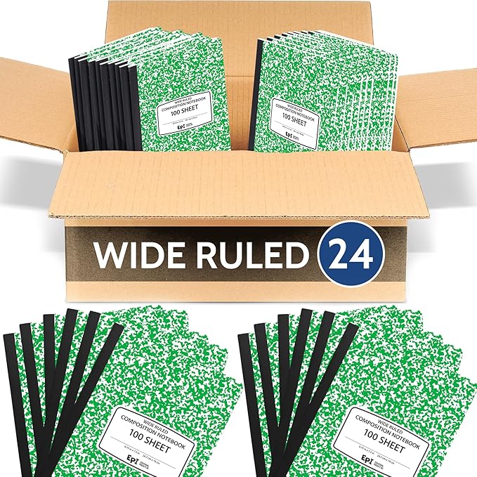 EPI 24 Pack - Green Marble Composition Notebook - Wide Ruled 200 Page Note Book - 9.75 x 7.5 Inch Hardcover Journal with Sewn Binding for Secure Pages - Classroom Back To School Supplies
