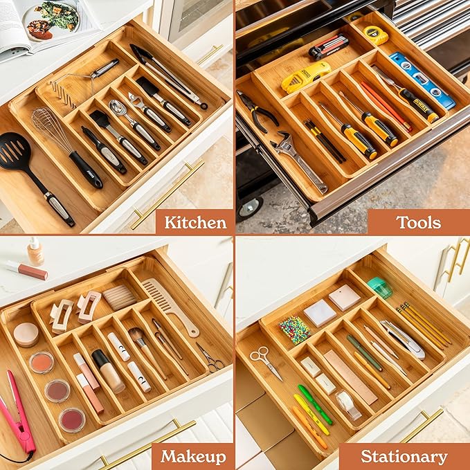 SMIRLY Silverware Drawer Organizer – Bamboo Kitchen Drawer Organizer, Adjustable Utensil Holder and Cutlery Tray, Drawer Dividers for Flatware and Kitchen Utensils