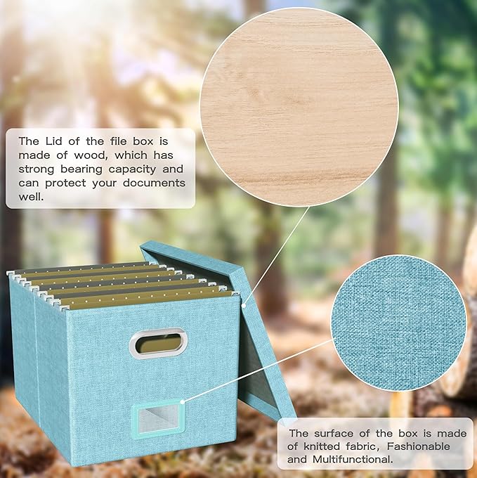 2 Pack File Storage Organizer - Portable Filing Box with Lid, Fits Letter/Legal File Folders, Light-blue