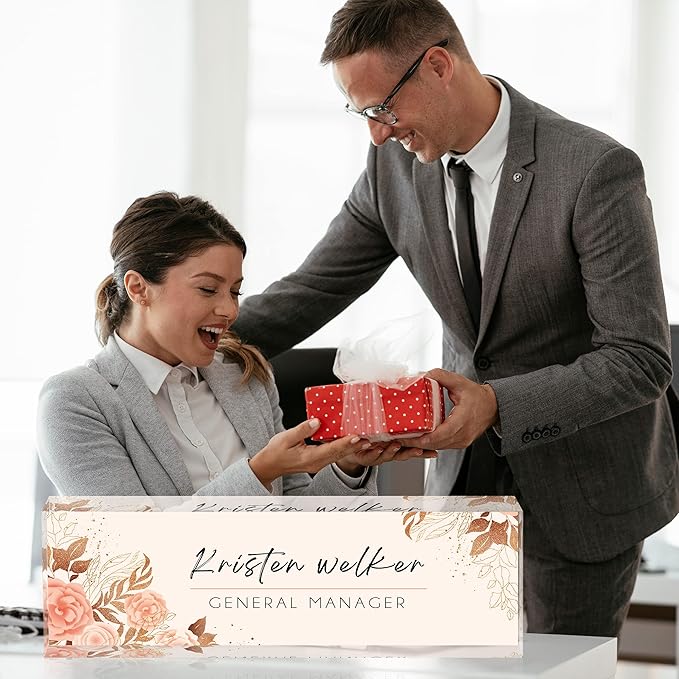 Desk Name Plate Personalized, Custom Name Plates for Desks, Office Desk Decor, Flowers Style Clear Acrylic Glass Block, Personalized Office Gifts for Women Men Boss Teachers Coworker Appreciation Gift