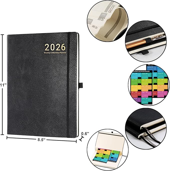 2026 Planner - JAN 2026 - DEC 2026, Planner Weekly and Monthly, Planner 2026, 8.5" x 11", Leather Cover Planners with Thick Paper, Back Pocket with Notes Pages, Black