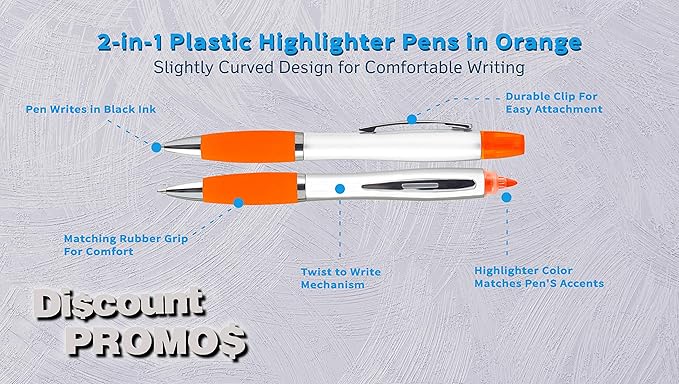 DISCOUNT PROMOS 10 Plastic Highlighter Pens Pack - Rubber Grip, Black Ink - Orange