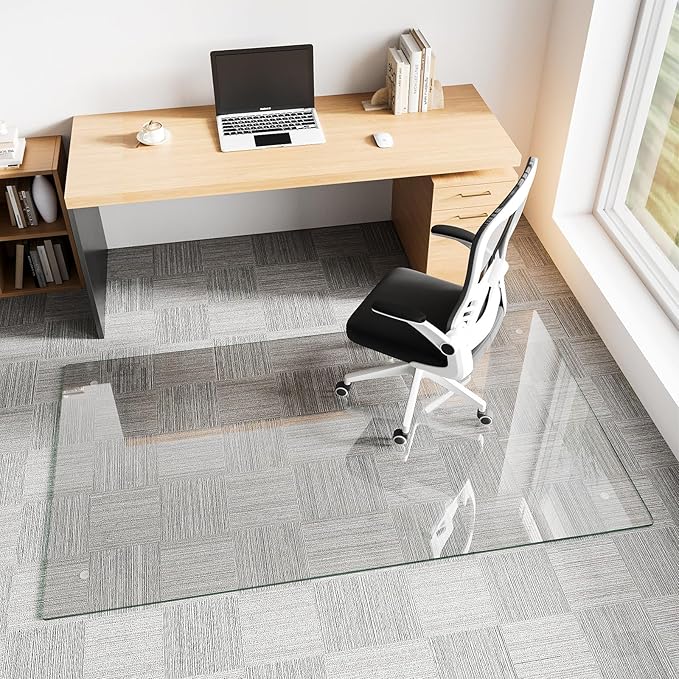 Koonmi Glass Chair Mat for Carpet, 40"x80" Tempered Glass Office Chair Mat, Glass Floor Mats with Rounded and Polished Edges, Desk Chair Mats with 4 Anti-Slip Pads for Hardwood Floor, Carpet