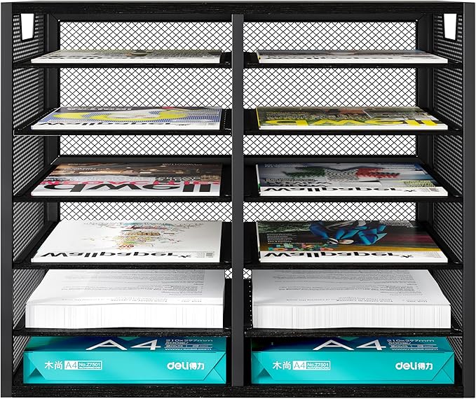PAG Desktop Mail Sorter Industrial Countertop Heavy Duty Literature Organizer Bill Paper Holder Rack Student Mailbox for Classroom 12 Compartments Filing Cabinet for Office Home School, Black