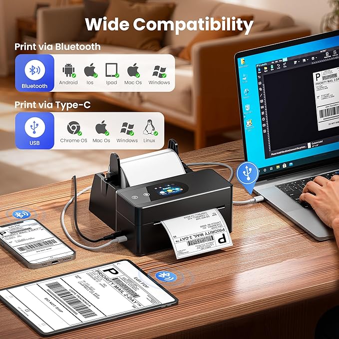 Thermal Printer with Touchscreen – Upgraded Bluetooth 4x6 Thermal Label Printer with Label Holder for Small Businesses, Compatible with Phone, PC, Tablet, Widely Used for Amazon, Shopify, Etsy, Tiktok