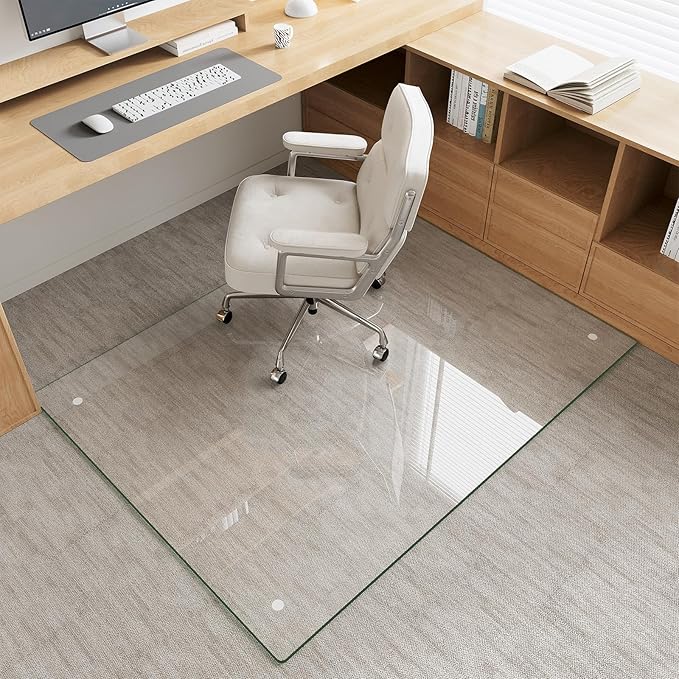 Tempered Glass Chair Mat for Carpet & Hard Floor, 46"x60" Office Chair Mat - Heavy Duty & Scratch Resistant, Non-Slip Pads, Rounded Corners & Polished Edges