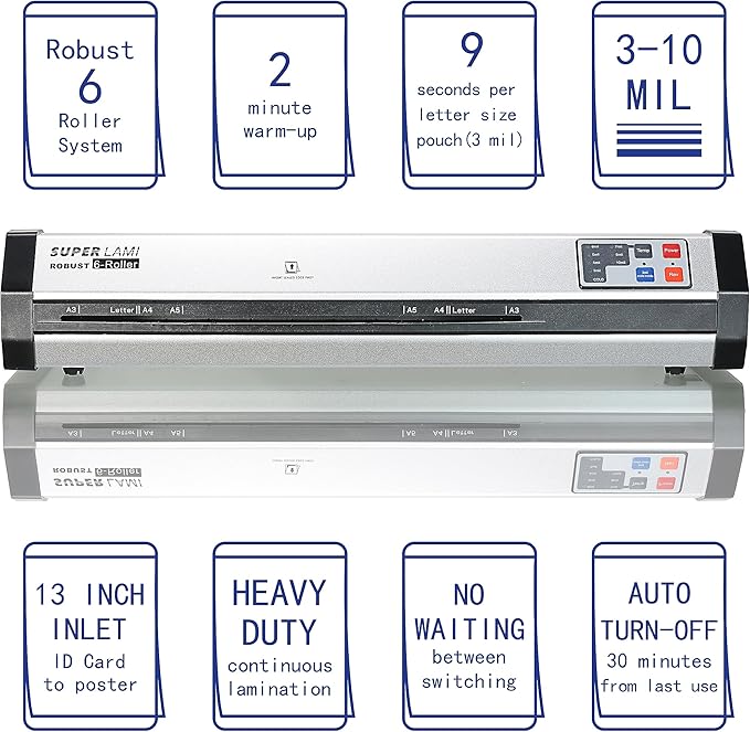 SINCHI Commercial Laminator Machine – Ultra-Fast 2-Min Warm-Up, Premium Aluminum Housing, 81 in/Min Speed (9 Seconds/Page), 13-Inch 6-Roller Design, Ideal for Schools, Busy Offices, and Print Shops