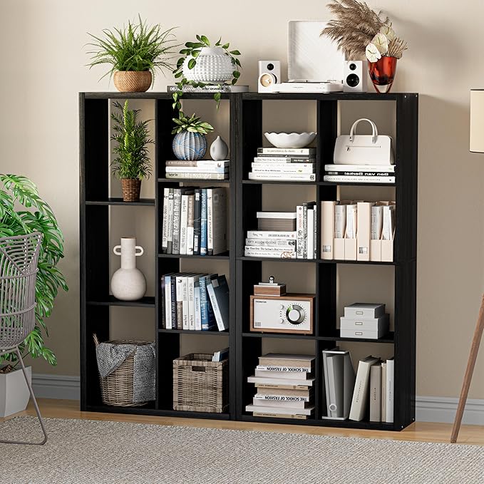Cube Storage Organizer Bookcase, Decorative 11 inch Open Back Cubical Shelf with Thickened Border, Display Bookshelf for Living Room, Home Office, Sturdy Room (Black, 7 Cube)