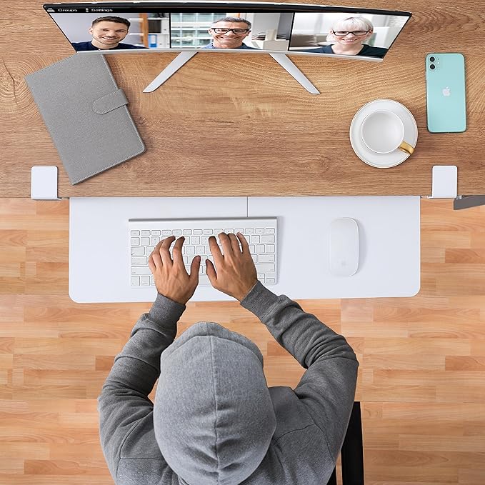 ETHU Keyboard Tray Under Desk, 26.77" X 11.81" Large Size Keyboard Tray with C Clamp-on Mount Easy to Install, Computer Keyboard Stand, Ergonomic Keyboard Tray for Home and Office(White)