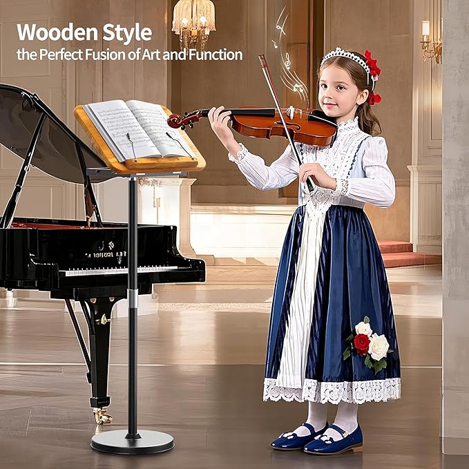NAMON 2 in 1 Dual-use Music Stand & Desktop Book Stand, 100% Solid Wood, Height Adjustable from 16.5" to 51", Big Panel 16.5" * 11.8" with Page Paper Clip for Sheet Music (Dual Use Without T-Shape)