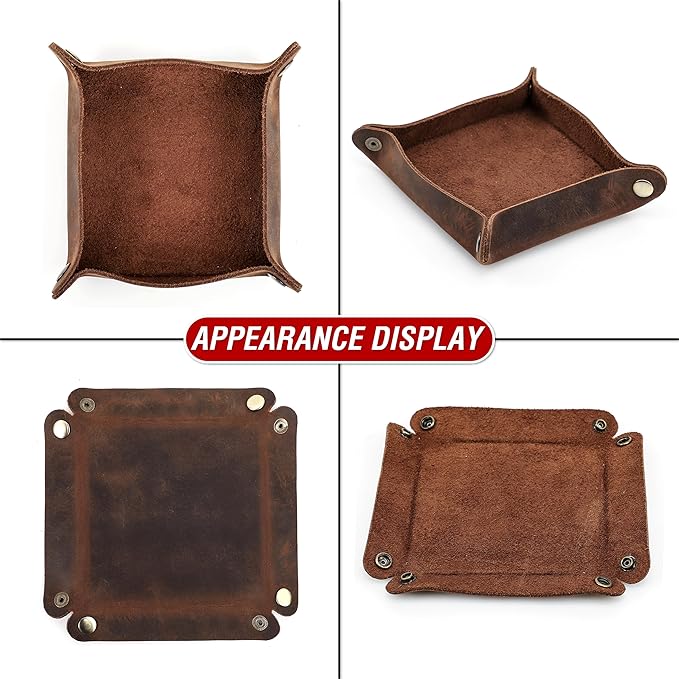 Top Grain Leather Desk Valet Tray Organizer for Man & Woman, Handmade Vintage Design, Foldable Design with Snap Buttons, Office Capacity Organizer Storage for Wallets/Watches/Keys/Coins, Coffee, Small