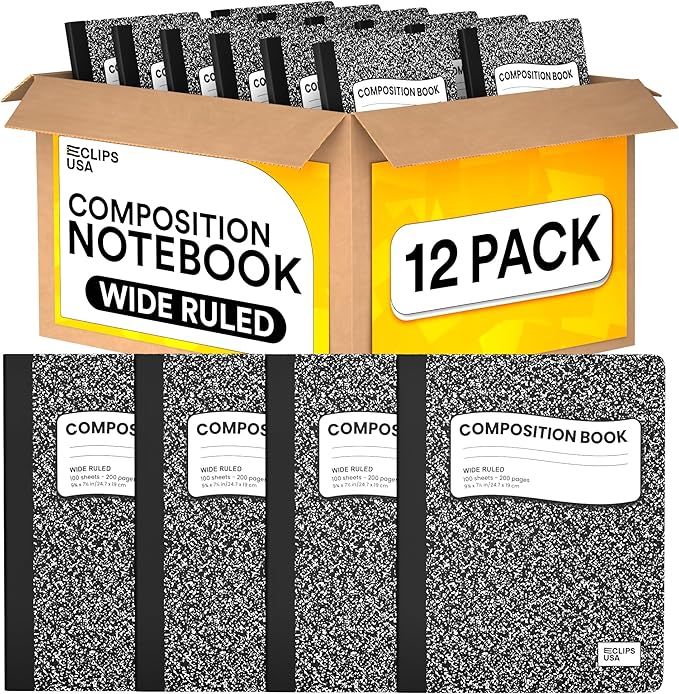 VEEBOOST Composition Notebooks, Wide Ruled Composition Notebook, Hard Cover Marble Composition Notebook, 100 sheets (200 Pages) (12, Wide Ruled)
