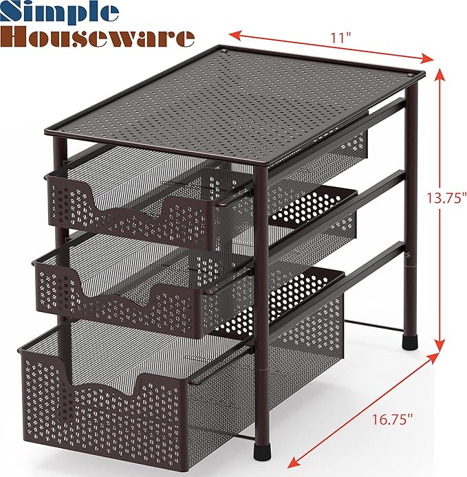 Simple Houseware Stackable 3 Tier Sliding Basket Organizer Drawer, Bronze