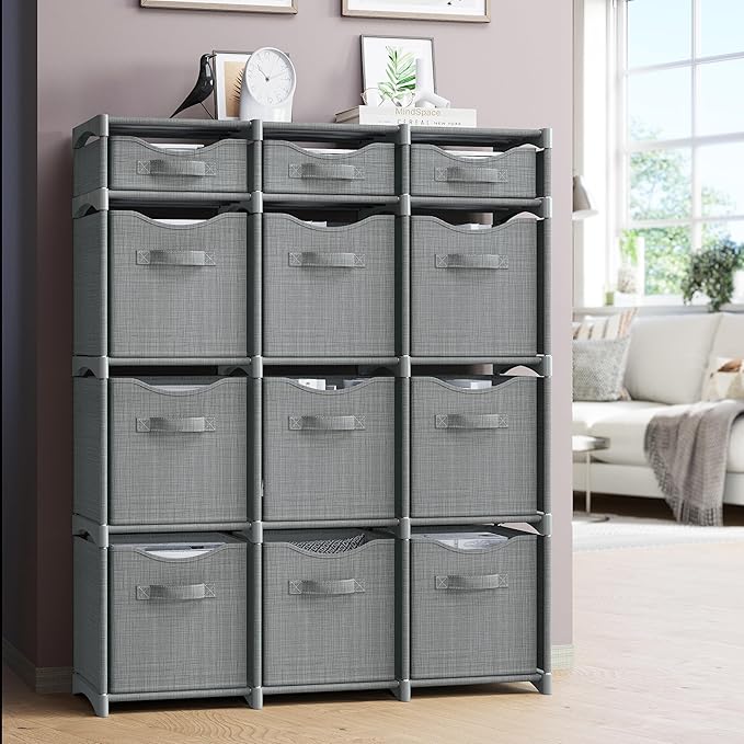 12 Cube Closet Organizers And Storage | Includes All Storage Cube Bins | Easy To Assemble Closet Storage Unit With Drawers | Room Organizer For Clothes, Baby Closet Bedroom, Playroom, Dorm (Grey)