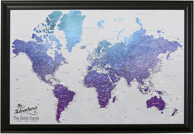 Canvas - Personalized Vibrant Violet World Push Pin Travel Map with Black Frame