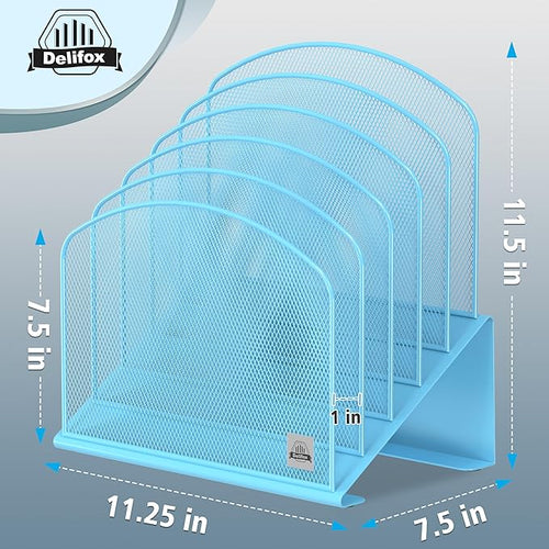 1Pack Inclined Desk File Organizer, 5-Section Vertical File Folder Holder Stand Metal Rack File Sorter for Office Classroom Desktop Organization,Blue