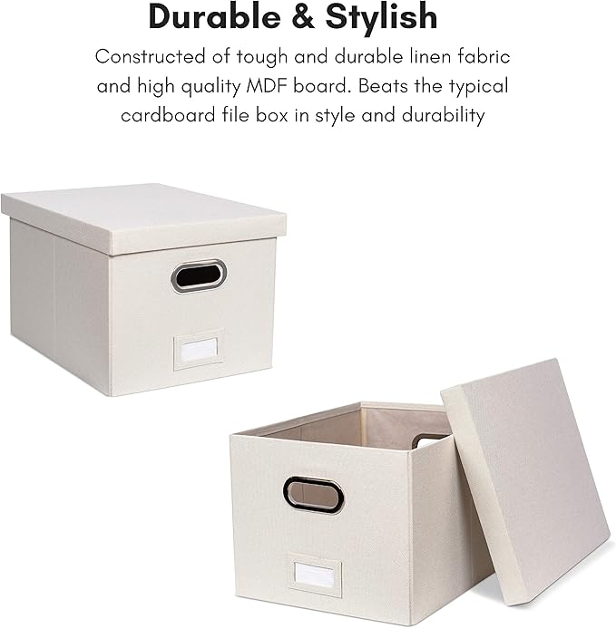 Internet's Best Collapsible File Storage Organizer Box with Lid - Decorative Linen Hanging Filing & Storage Office Box - Letter/Legal - Strong Durable - Toys Blankets Binders - Cream - 1 Pack