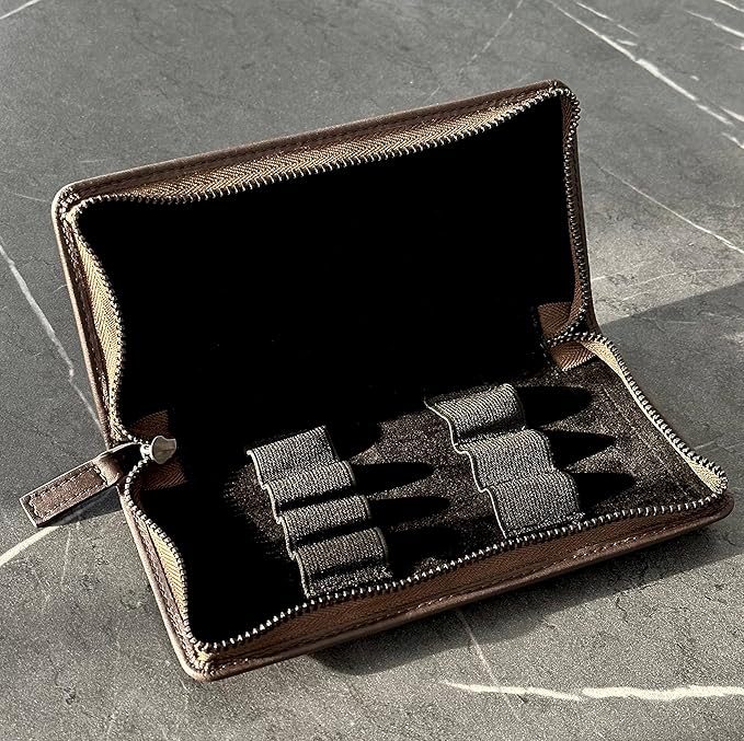DiLoro Leather Zippered Triple or Quad Pen Case Pencil Pouch Holder for Three or Four Fountain Ballpoint Rollerball Pens or Glasses (Nappa Brown)