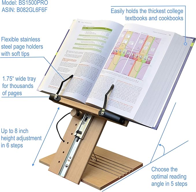 BS1500PRO Large Portable Height Adjustable Foldable Eye-Level Ergonomic Bookstand Holder for Reading Hands Free Large Thick Heavy College Textbooks Tablets Neck Pain Free