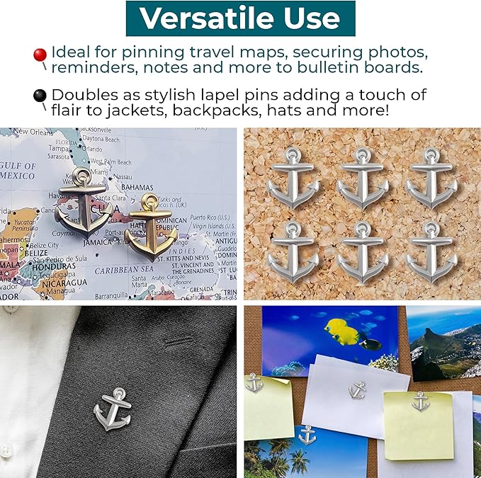 Anchor Push Pins - Silver Metal Anchor Pins - for Cork Board, Maps, or Lapel Pin Use - Designed in USA - Set of 4
