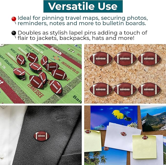 Football Push Pins, for Cork Board, Maps, or Lapel Pin Use, Designed in The USA, Football Pins, Set of 32