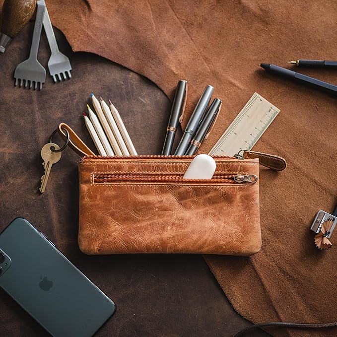 Moonster Leather Pencil Case Pouch 8" x 4" - Leather Pen Case with Zipper