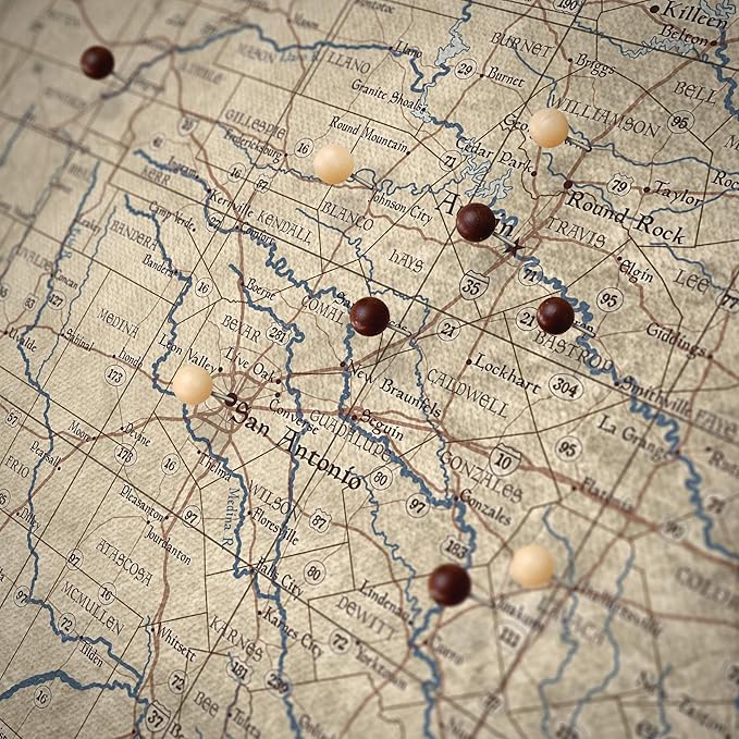 Push Pin Texas Map Board - With Push Pins to Mark Texas Travel - Handmade in Ohio, USA - Design: Rustic Vintage