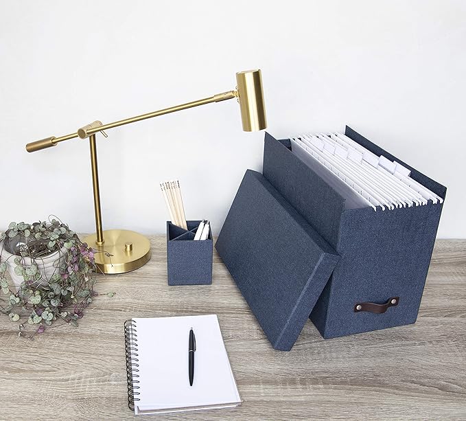 Bigso John Desktop File Box - File Storage Box and Document Organizer for Important Paperwork - Durable Hanging File Box with a Lid and Leather Handle - 7.36 in x 13.26 in x 10.51 in - Blue