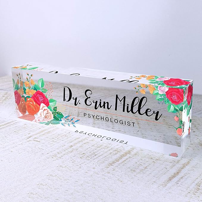 Artblox Office Desk Name Plate Personalized | Custom Name Plates for Desks | Mixed Flowers Design On Clear Acrylic Glass | Office Desk Decor