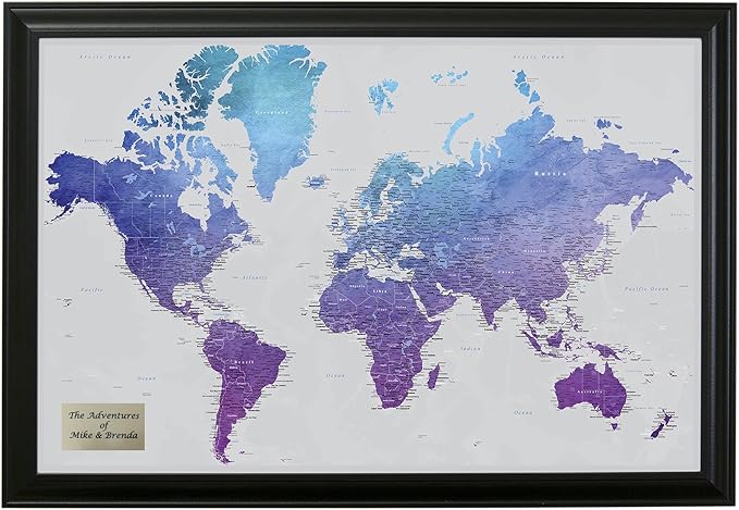 Personalized Vibrant Violet Watercolor World Travel Map with Black Frame