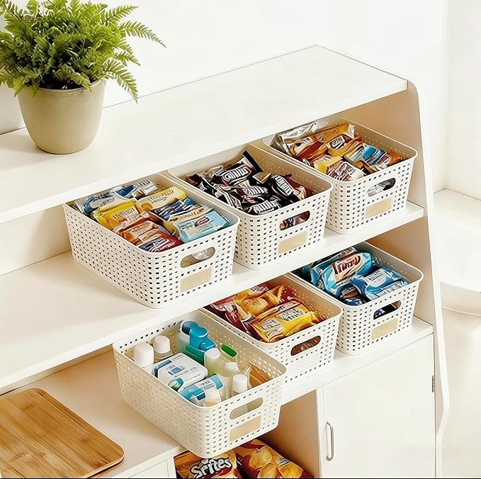 Plastic Storage Bins with Bamboo Lid - Pantry Storage Baskets with Lid - Stackable Container with Lable for Organizing: Small Storage Box for Shelves Office Cabinet Drawer Closet 9x7x4 In - White 6Pcs