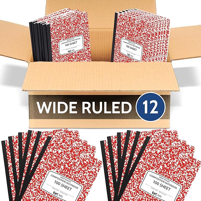 EPI 12 Pack - Red Marble Composition Notebook - Wide Ruled 200 Page Note Book - 9.75 x 7.5 Inch Hardcover Journal with Sewn Binding for Secure Pages - Classroom Back To School Supplies