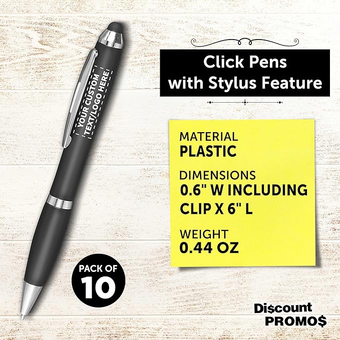 DISCOUNT PROMOS Custom Plastic Stylus Pens Set of 10, Personalized Bulk Pack - Black Ink, Great for Office, School, Business, Tradeshows, Events - Black
