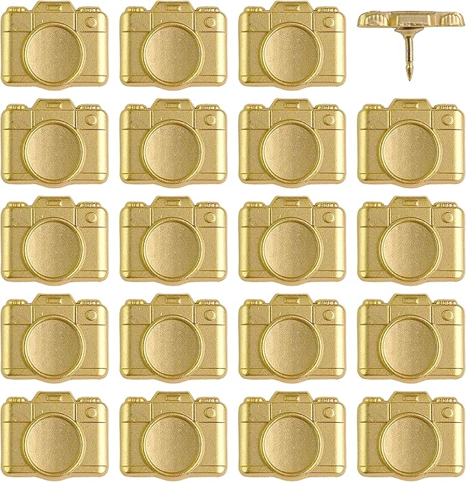 Camera Push Pins - Gold Metal Camera Pins - for Cork Board, Maps, or Lapel Pin Use - Designed in USA - Set of 20