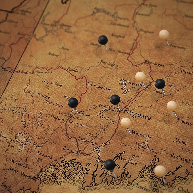 Push Pin Maine Map Board - With Push Pins to Mark Maine Travel - Handmade in Ohio, USA - Design: Golden Aged