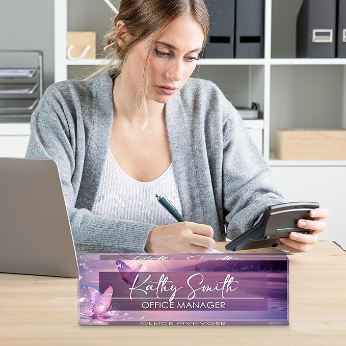 Personalized Name Plate for Desk, Custom Desk Name Plate, Acrylic Name Plate Office Desk Accessories, Personalized Office Gifts for Coworkers Teachers, Employee Appreciation Gifts (Pink Butterfly)