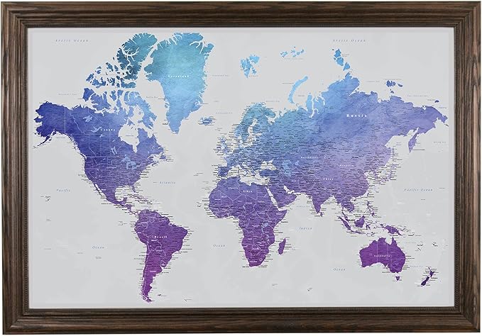 Push Pin Travel Maps - Vibrant Violet Watercolor World - Solid Wood Brown Framed Pin Map for Tracking Your Travels - 27.5" x 39.5" - 8 Handcrafted Frame Options - Made in USA - Ideal for Any Traveler