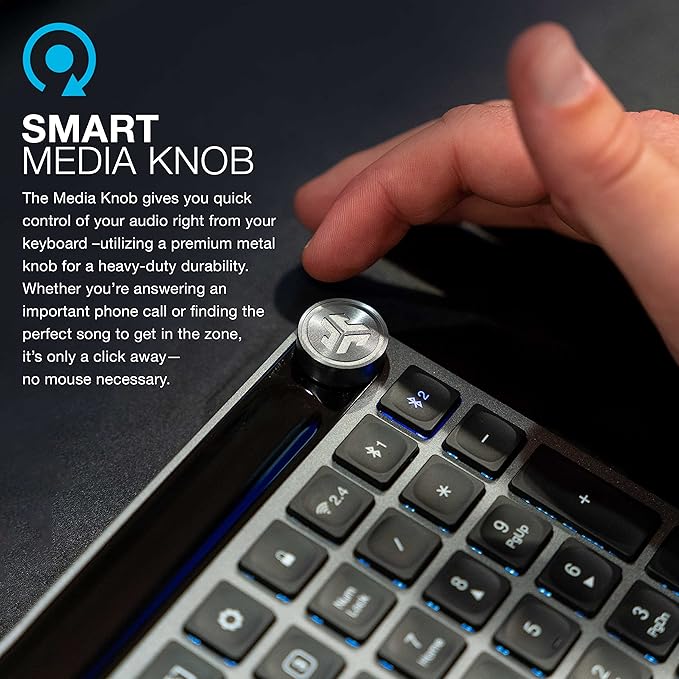 JLab Epic Wireless Keyboard, Black, 108 Keys, Connect Via Bluetooth or USB Wireless Dongle, Multi-Device Toggle, Soft Touch Keys, Smart Media Knob, Custom User Profiles, Rechargeable (1 Pack)