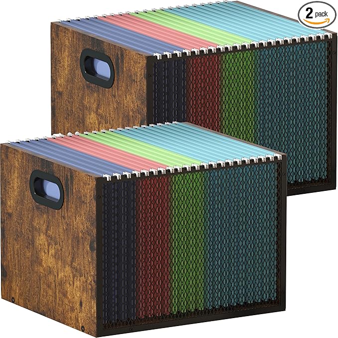 Piskyet 2Pcs Wooden Hanging File Organizer for desk, Metal Mesh File Folder Organizer Crate Cabinet Storage Box with Handle for Home Office Desk,Letter - Size,Rustic Brown