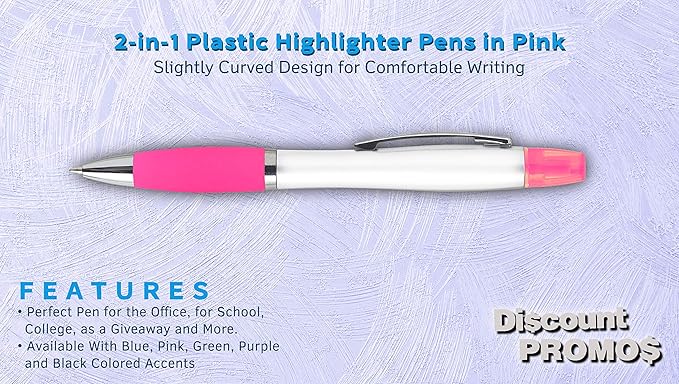 DISCOUNT PROMOS 10 Plastic Highlighter Pens Pack - Rubber Grip, Black Ink - Pink